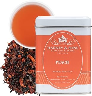 Harney & Sons Peach Fruit Herbal Tea Loose Leaf Tin, 4 oz | Herbal fruit blend with peach, rosehips, hibiscus, and apple pieces. Naturally caffeine-free.