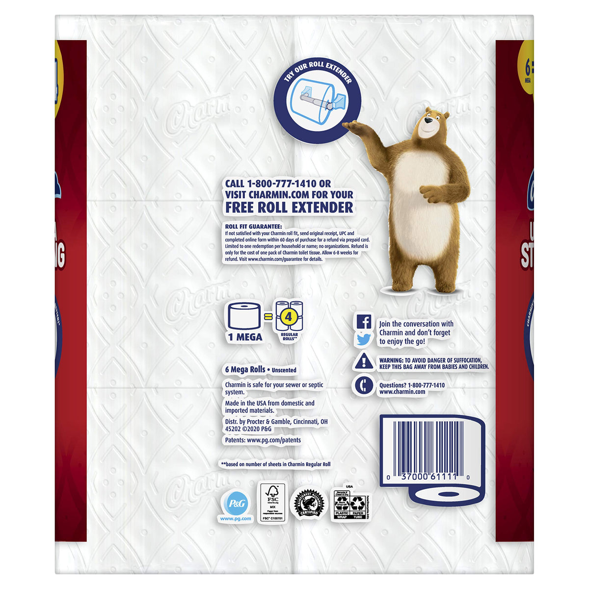 Ultra Strong Toilet Paper by Charmin – 6 Count (Pack of 1), Paper, White, Pack of 6, Model 3700061111