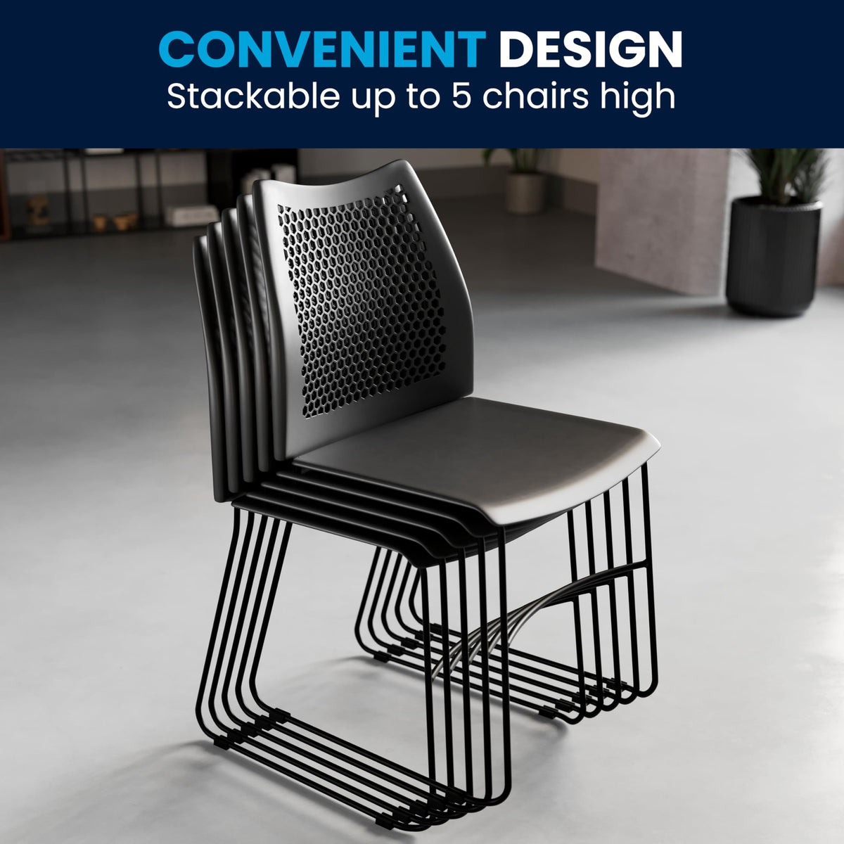 Hercules Series Contoured Lobby Chairs with Air-Vent Honeycomb Backs by Flash Furniture – Set of 5, Plastic Steel, Black, Pack of 5, Model 5-RUT-498A-BLACK-GG