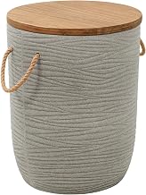 Biban Side Table Natural & Gray, Brown End Table, Modern Style, Brushed Acacia Wood Round Shape Tabletop, Super Poly-Stone, Outdoor Living, 13.8" W x 13.8" D x 17.7" H