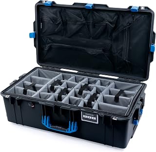 Color Case Black Pelican 1615 Air case with Blue Handles & latches. Comes with Grey Padded dividers & lid Organizer.