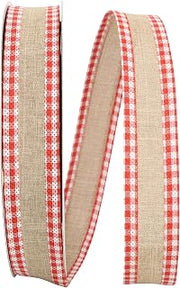 Reliant Ribbon Linen Gingham Check Value Wired Edge Ribbon, 1-1/2 Inch X 50 Yards, Natural/red