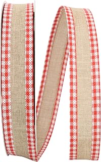 Reliant Ribbon Linen Gingham Check Value Wired Edge Ribbon, 1-1/2 Inch X 50 Yards, Natural/red