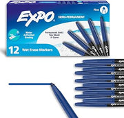 EXPO Wet Erase Markers, Semi-Permanent, Blue, Fine Tip, 12 Count - For Writing on Glass, Whiteboards, Mirrors, Calendar, Labeling, Organizing