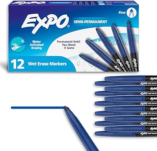 EXPO Wet Erase Markers, Semi-Permanent, Blue, Fine Tip, 12 Count - For Writing on Glass, Whiteboards, Mirrors, Calendar, Labeling, Organizing