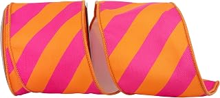 Reliant Ribbon Diagonal Stripe Jumbo Bright Canvas Wired Edge Ribbon, Orange/Fuchsia