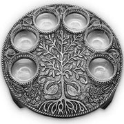 Zion Judaica Seder Plate, Antique Silver Metal With Glass Inserts, Tree Motif