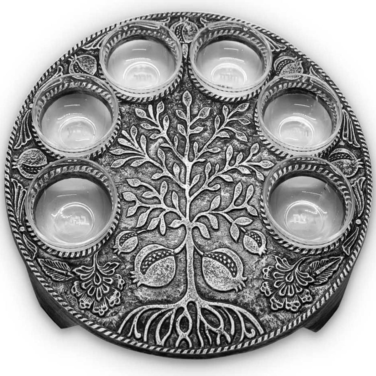 Zion Judaica Seder Plate, Antique Silver Metal With Glass Inserts, Tree Motif