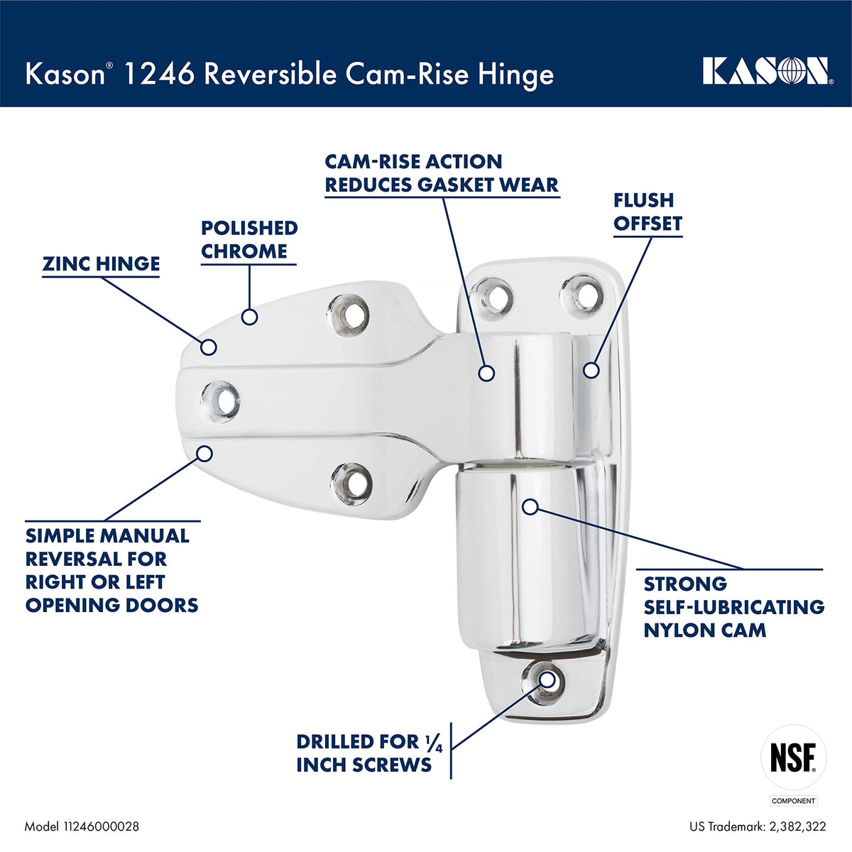 1246 Reversible Cam-Rise Hinge by Kason – Nylon, Polished Chrome, Model 11246000028
