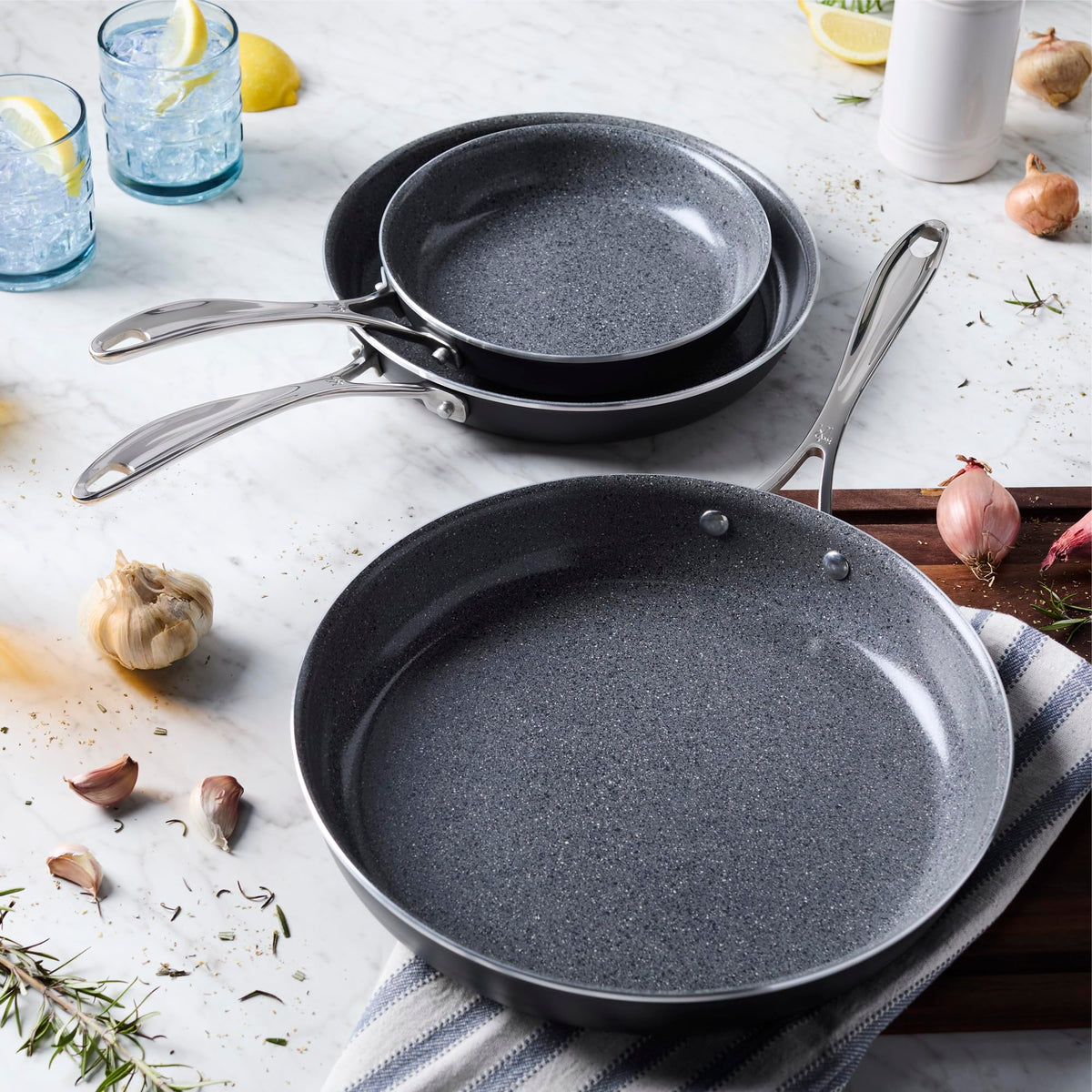 Capri Ceramic 3-pc Aluminum Ceramic Nonstick Fry Pan Set by HENCKELS – 3-pc, Aluminum, Gray, Pack of 3, Model 1033014