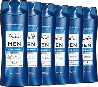 Suave Men Ocean Charge 2 in 1 Refreshing Shampoo & Conditioner with Pro Vitamin B5, Hydrates & Revitalizes Hair, Ocean Fresh Scent, 6 Count, 12.6 FL OZ