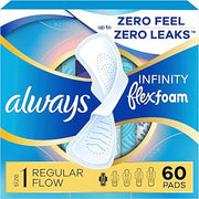 Always Infinity FlexFoam Pads for Women, Size 1, Regular Pad with Wings, Unscented, Up to Zero Feel, Zero Leaks, 60 Count
