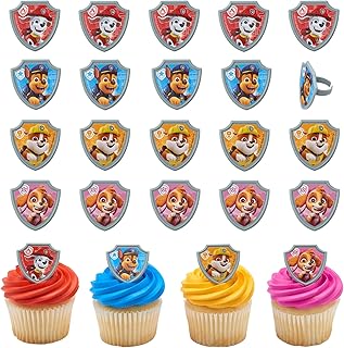 DecoPac Paw Patrol Reporting For Duty Rings, Cupcake Decorations Featuring Chase, Marshall, Skye, And Rubble - 24 Pack