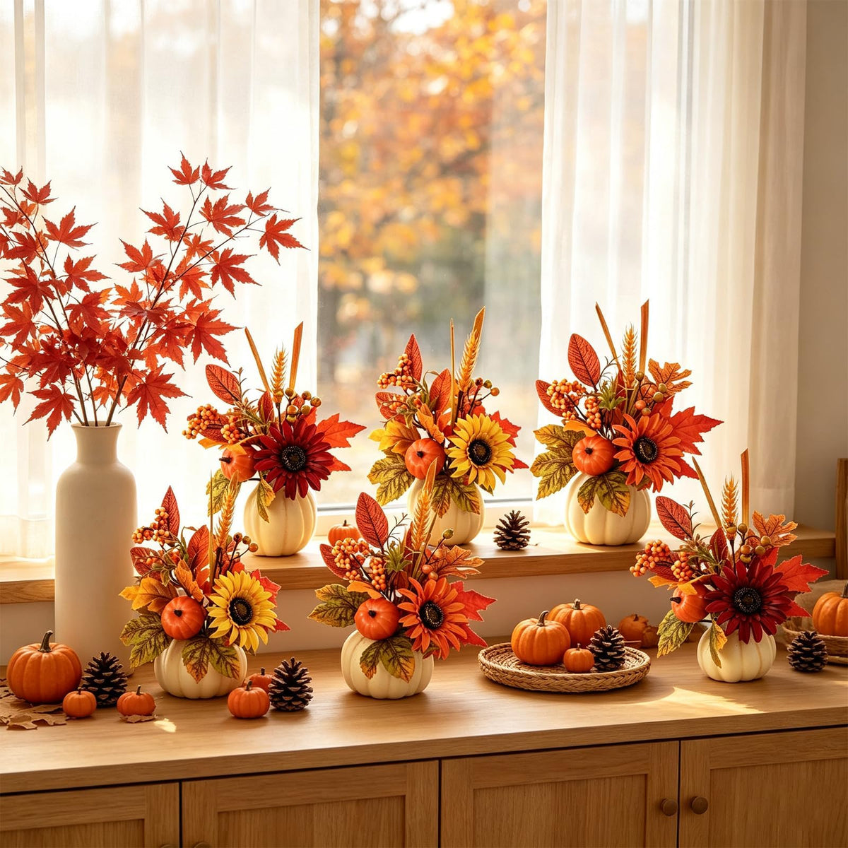 YLOLUL Mini Pumpkin Centerpiece, Artificial Sunflower Arrangement, Pumpkin-2