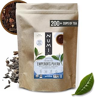 Numi Organic Emperor’s Pu-erh Tea Loose Leaf, Aged Yunnan Caffeinated Black Tea, 16 oz Bulk Pouch, Smooth Earthy Bold Flavor, Brews 200 Cups