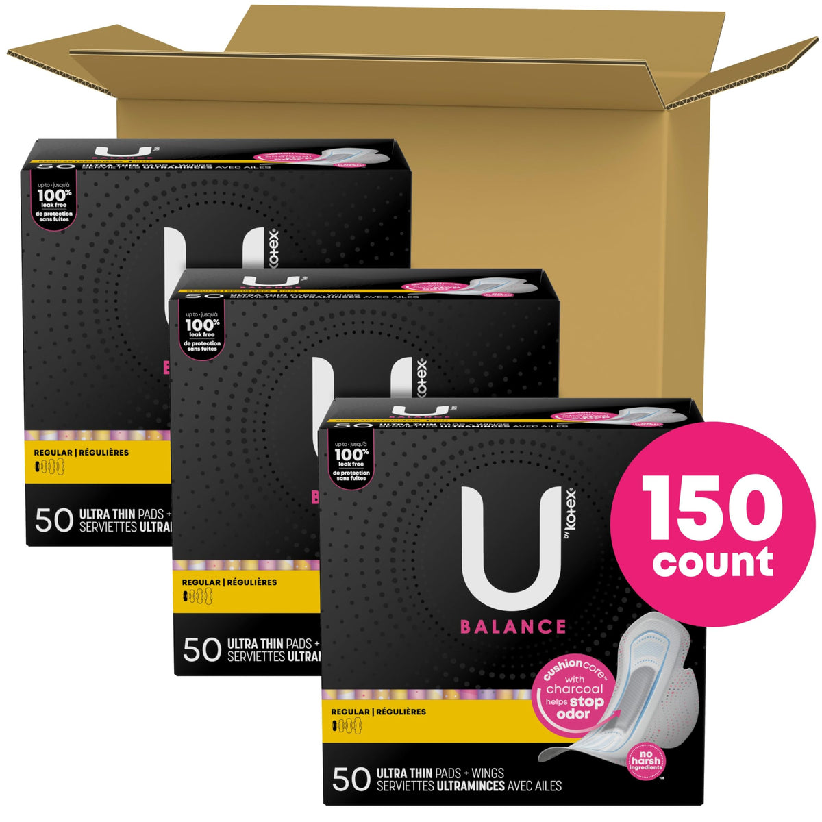 Balance Ultra Thin Pads with Wings by U by Kotex – 50 Count (Pack of 3), Charcoal, Model 10036000549161