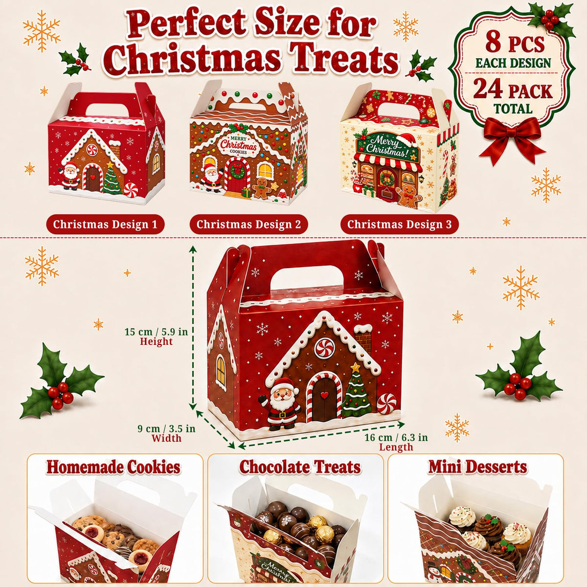 AstraVox Christmas Cookie Gift Boxes, 24 Pack with Handles, Multicolor