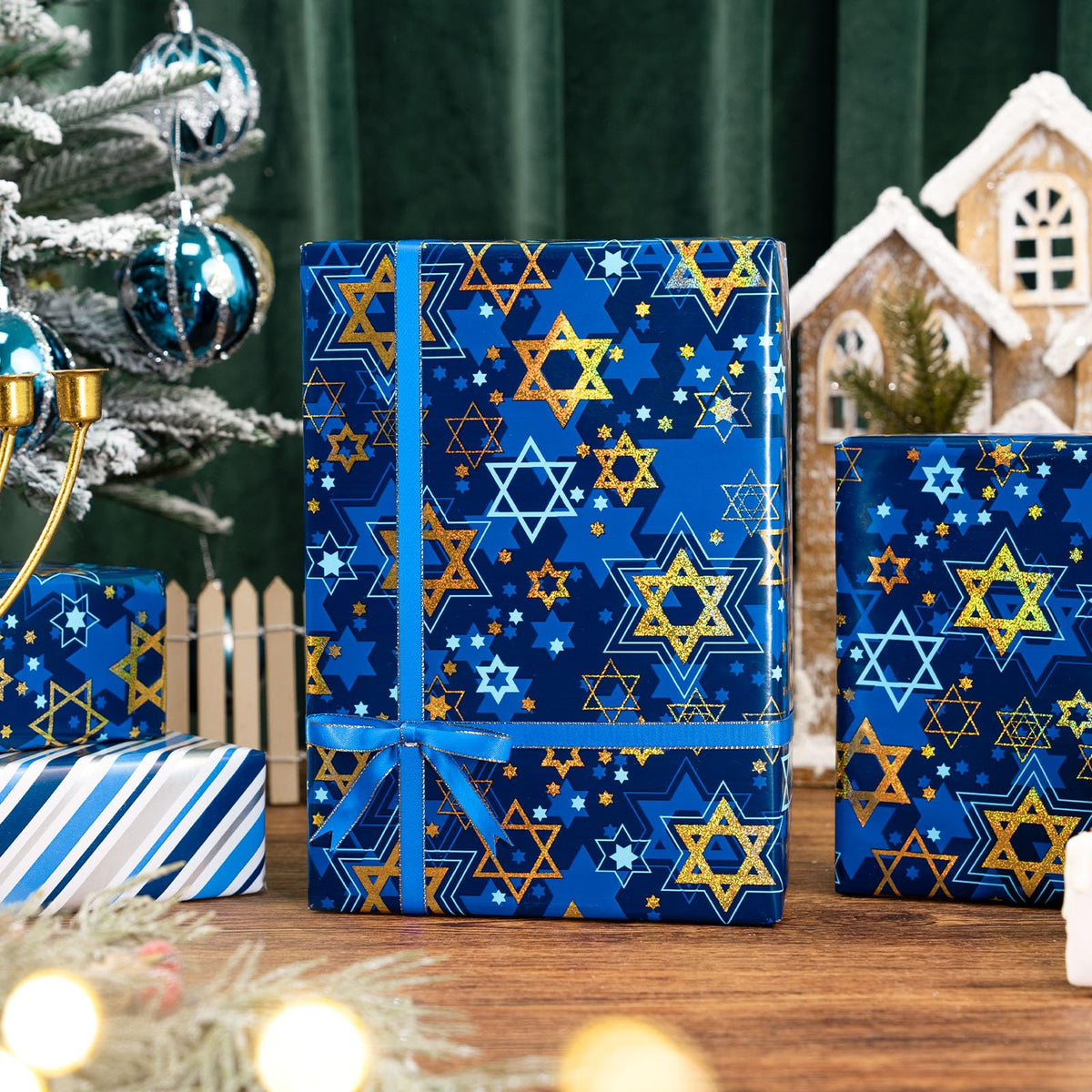 Maypluss Star of David Wrapping Paper, Metallic Foil Navy Blue, 17 Inch x 33 Feet
