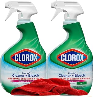 Clorox Clean-Up Cleaner Bleach Spray, 2 Pack, All Purpose Bleach Spray Trigger, Disinfects Kitchen,Bathroom,Tiles,Original Scent, Mold & Mildew Cleaner, 32 oz. Each plus red Microfiber Cleaning Cloth