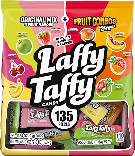 Laffy Taffy Assorted Mini Bars, Fruit Flavored Candy, 45.9 oz, 135 Ct | Strawberry, banana, sour apple, cherry, fruit combos taffy, mini bars, jokes on wrapper, bulk, sharing