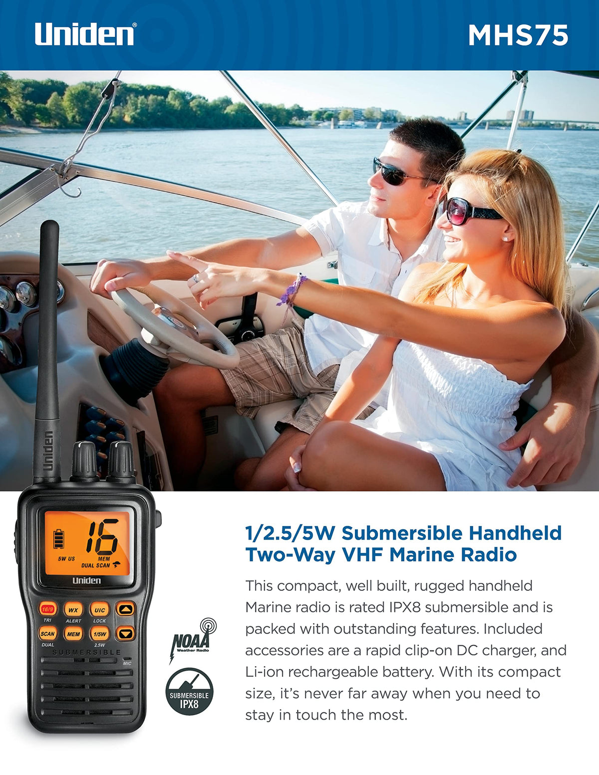 Waterproof Handheld 2-Way VHF Marine Radio by Uniden – One Size, Black, Model MHS75