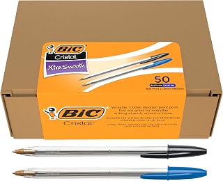 BIC Cristal Xtra Smooth Ballpoint Pen, Medium Point 1.0 mm, Easy-Glide Ink, 50-Count Pack in Black and Blue Ink