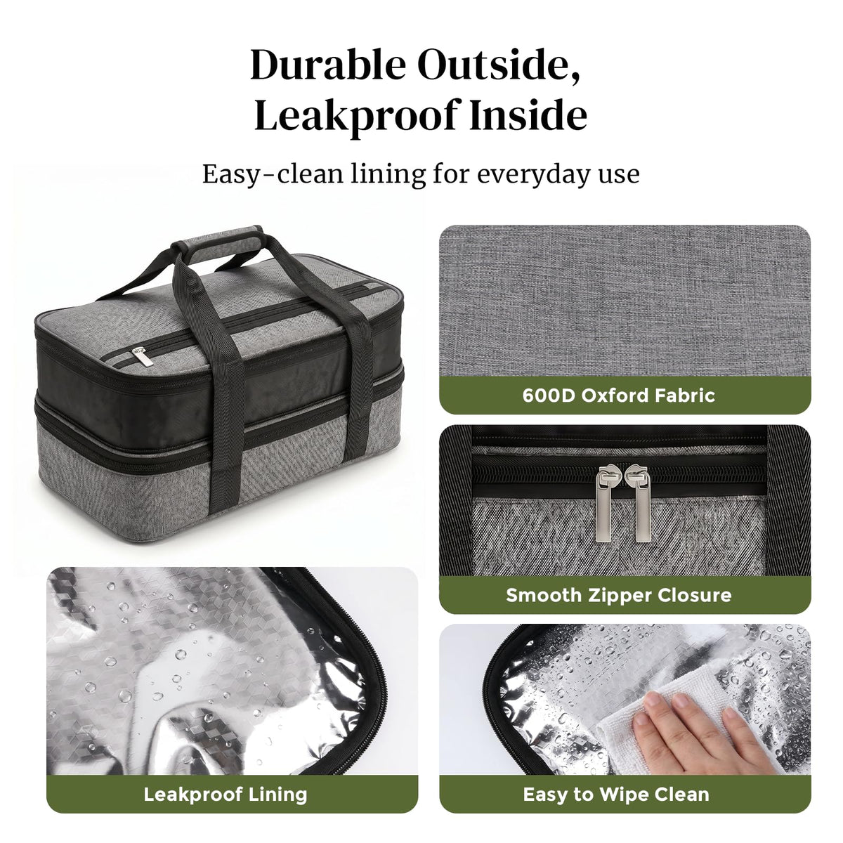 DOWAN Insulated Casserole Carrier, Double Decker for 9x13 Dishes, Grey