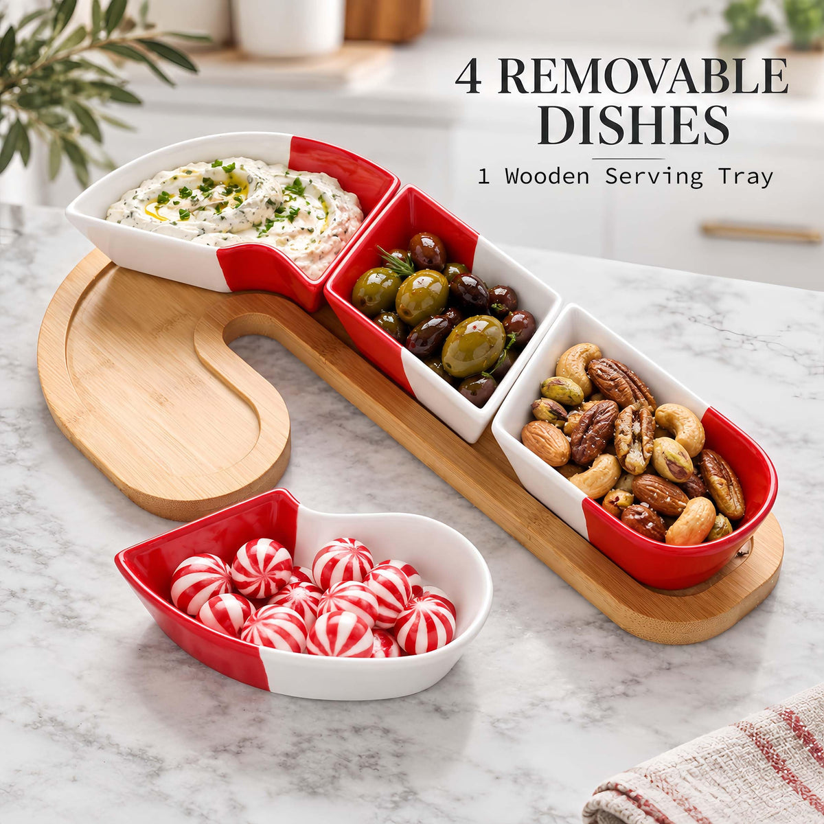 Feenmai Santa Cane Serving Set, Ceramic and Wood, White Red