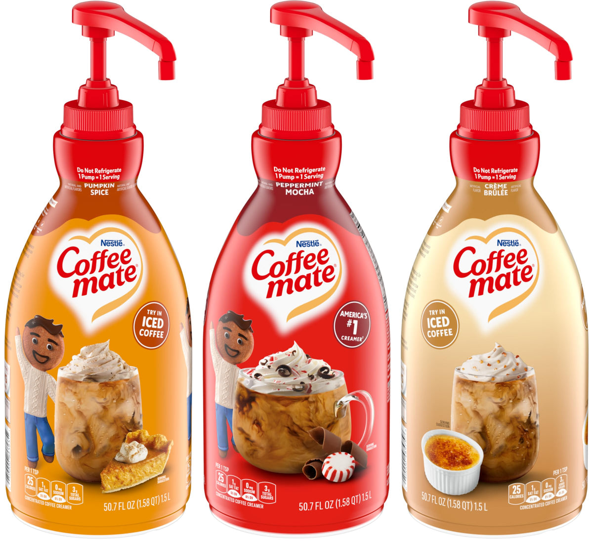 Coffee Mate Pumpkin Spice, Peppermint Mocha, Crème Brûlée / 50.7 Fl Oz (Pack of 3) / 3 Plant-Based Coffee Creamers