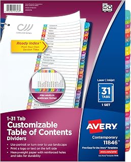 Avery Table of Contents Dividers, 1-31 Tab, Multicolor, 1 Set