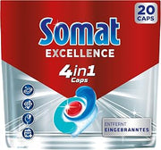 Somat Excellence 4-in-1 (20 Caps), Fast-Resolving Dishwasher Tabs | Removes burnt-on, brilliant shine even in low temperature, short and eco programs, dishwasher tablets with glass protection