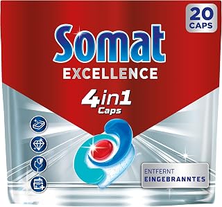 Somat Excellence 4-in-1 (20 Caps), Fast-Resolving Dishwasher Tabs | Removes burnt-on, brilliant shine even in low temperature, short and eco programs, dishwasher tablets with glass protection