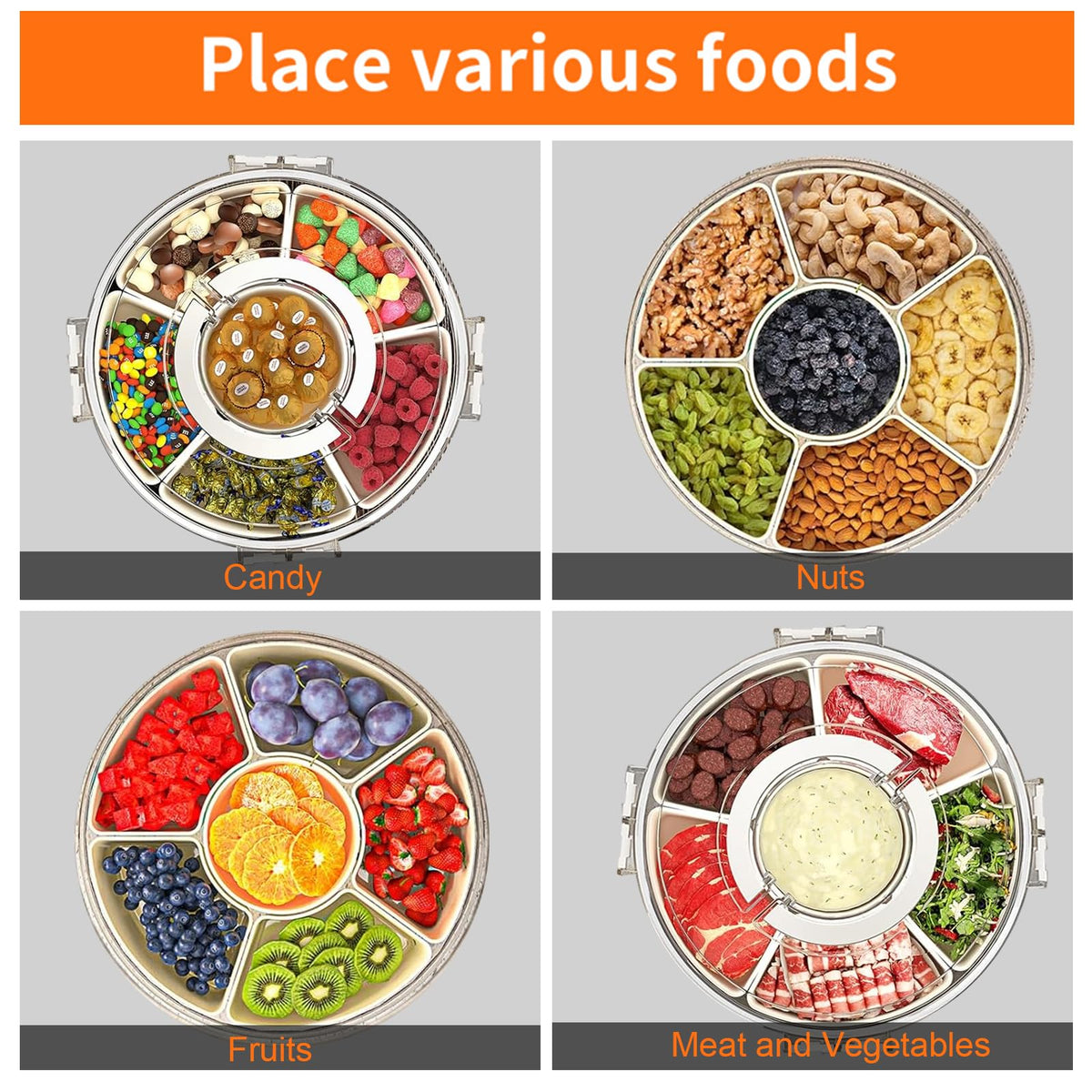 AYauGamA Rotating Divided Serving Tray, 6 Compartments with Lid and Handle, White