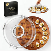 Renmxj Deviled Egg Tray with Lid, Acacia Wood Base, 24 Slots, White