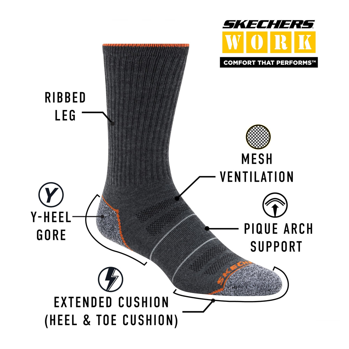Men's 6 Pack Work Crew Socks by Skechers – Polyester, Charcoal, Model S601157