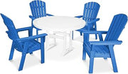 Polywood Nautical Curveback Adirondack 5-Piece Round Dining Set with Trestle Legs in Pacific Blue/White