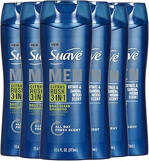 Suave Men Citrus Rush 3-in-1 Shampoo, Conditioner, and Body Wash with Citrus and Sandalwood Scent, Daily Clean, 12.6 oz, 6 Pack
