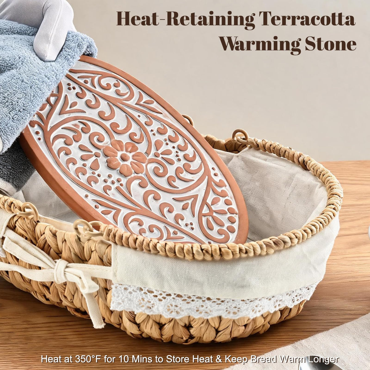 XPLI Bread Warmer Basket with Stone, Terracotta and Wicker, Rustic