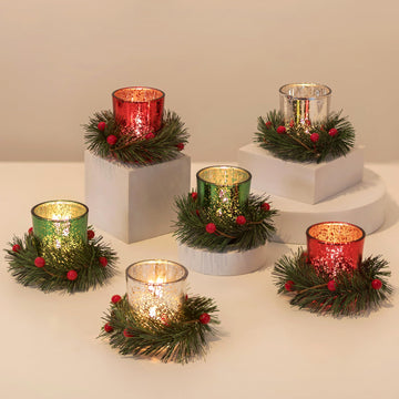 Romadedi Mercury Glass Votive Candle Holder with Wreath, Set of 6, Red Green Silver