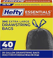 Hefty Essentials Extra Large 39 Gallon Trash Bags, Black, Unscented, 40ct