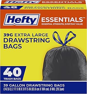 Hefty Essentials Extra Large 39 Gallon Trash Bags, Black, Unscented, 40ct