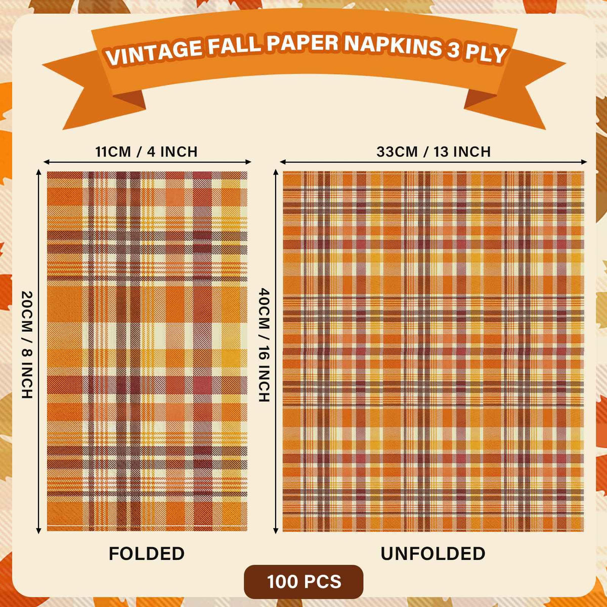 Homlouue Fall Plaid Napkins, 100 Count 3-Ply Disposable, Orange