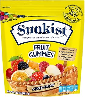 Sunkist Fruit Gummies Mixed Fruit, 28 oz Resealable Stand-Up Bag, Real Fruit First Ingredient, Fruit Shaped Candy, Vitamin C | Real fruit is the first ingredient, with vitamin C, fruit-shaped gummies and a convenient resealable bag