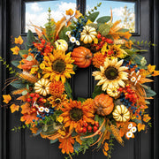 Plmiera Autumn Wreath, 24 Inch Diameter, Sunflowers and Pumpkins