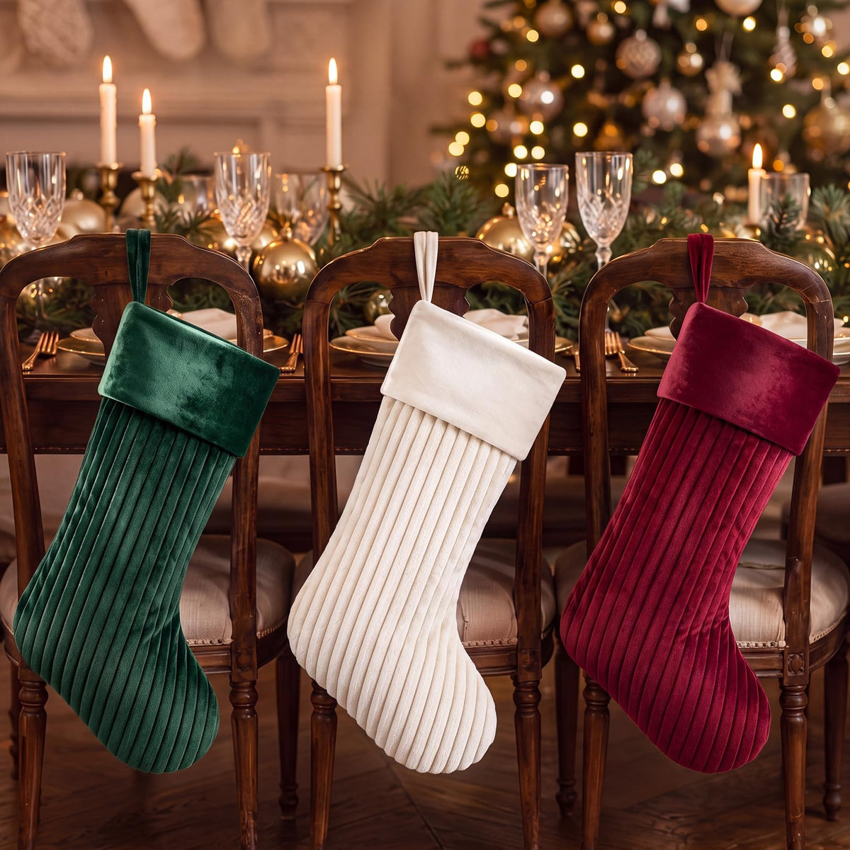Teyva Daily Christmas Stockings, 19 Inch Velvet Quilted, Red Beige Green Set of 6