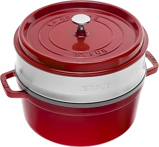 STAUB La Cocotte Round 40510-601 Pico Cocotte Round Cherry 10.2 inches (26 cm) Steamer Set, Large, Two-Handed Casting, Enameled Pot, Steamer, Induction Compatible