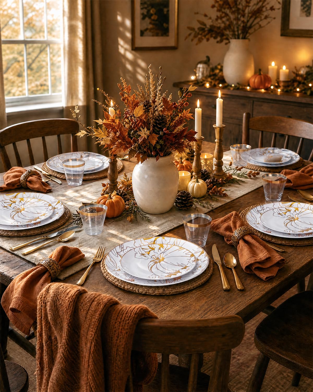 PULOTE Thanksgiving Plastic Dinnerware Set, 150 Pieces, Flower Gold
