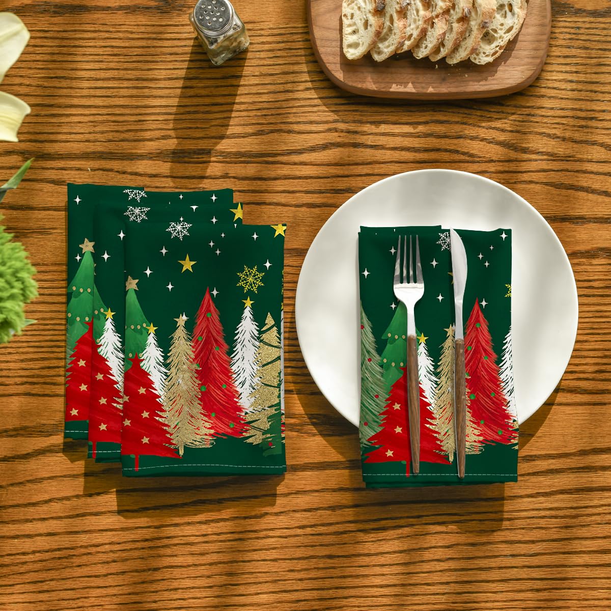 Horaldaily Cloth Napkins, Pine Tree Stars Print, Green, Set of 6