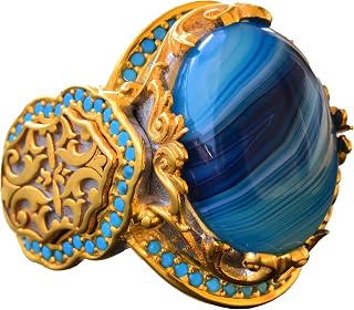 Real Natural Agate Gemstone Ring, Sterling Silver King - Gold Plated