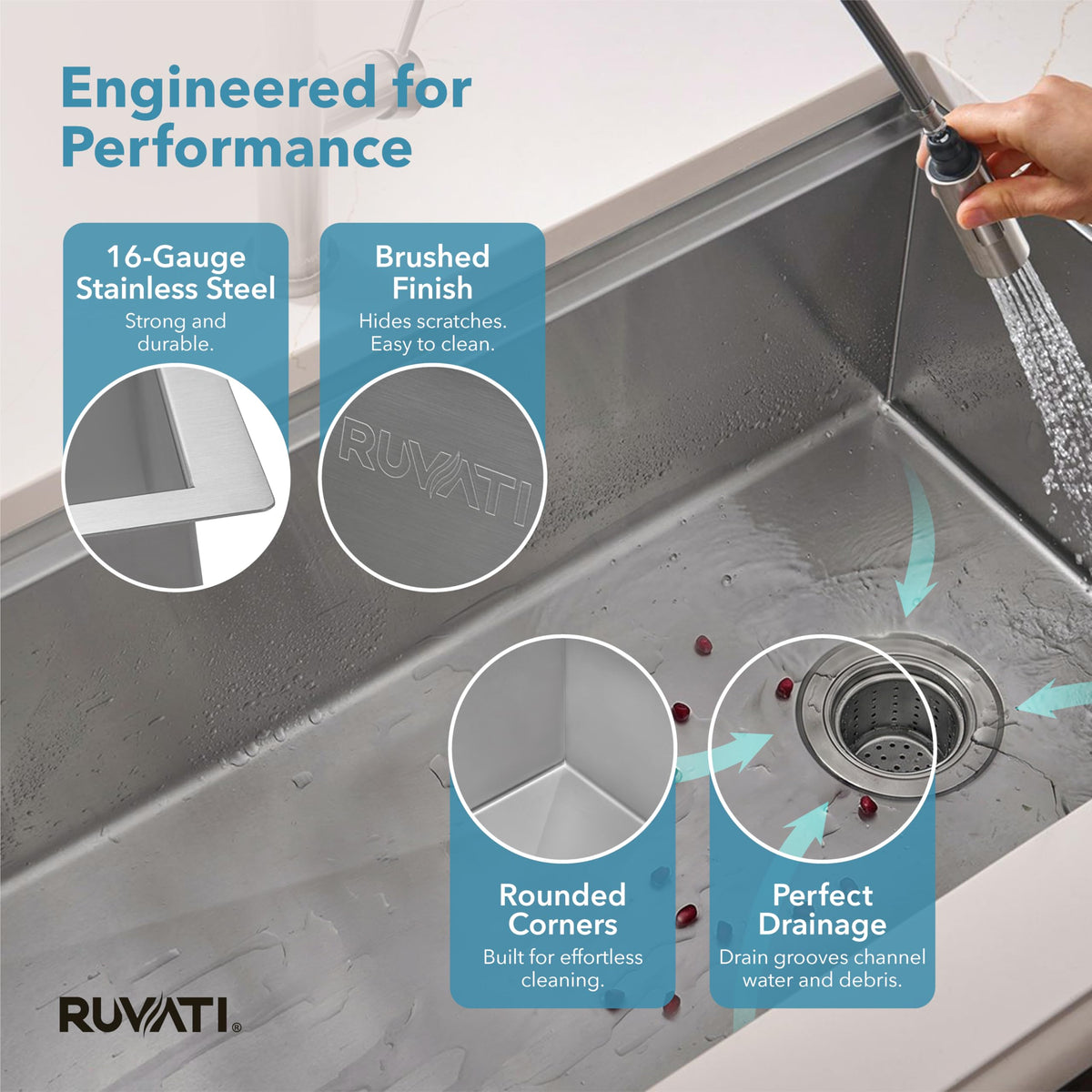 33-in Offset-Drain Workstation Sink with Black Accessories by Ruvati – 33 inch- Single Bowl, Stainless Steel, Model RVH8597